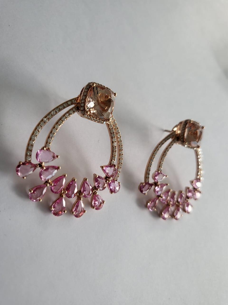 5.59 Carats Morganite, 7.69 Carats Pink Sapphires & Diamonds Chandelier Earrings For Sale 3