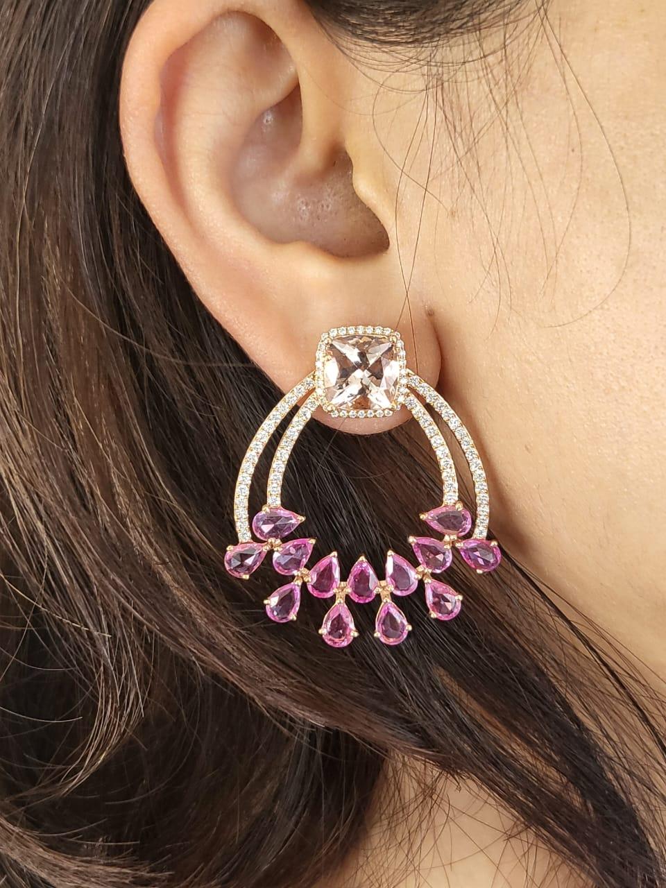 Modern 5.59 Carats Morganite, 7.69 Carats Pink Sapphires & Diamonds Chandelier Earrings For Sale
