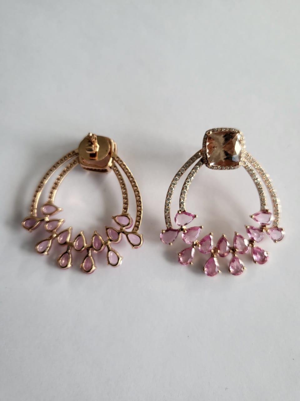 Rose Cut 5.59 Carats Morganite, 7.69 Carats Pink Sapphires & Diamonds Chandelier Earrings For Sale