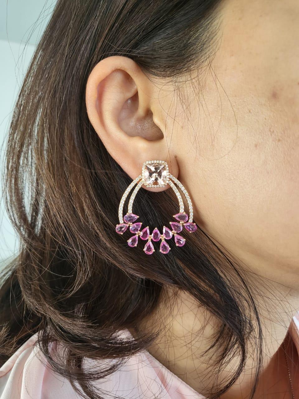 5.59 Carats Morganite, 7.69 Carats Pink Sapphires & Diamonds Chandelier Earrings In New Condition For Sale In Hong Kong, HK
