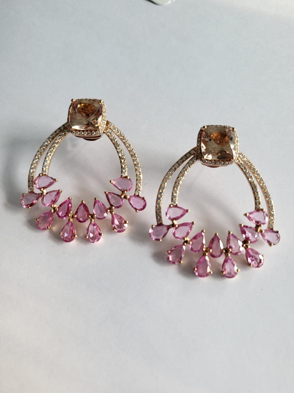 Women's or Men's 5.59 Carats Morganite, 7.69 Carats Pink Sapphires & Diamonds Chandelier Earrings For Sale
