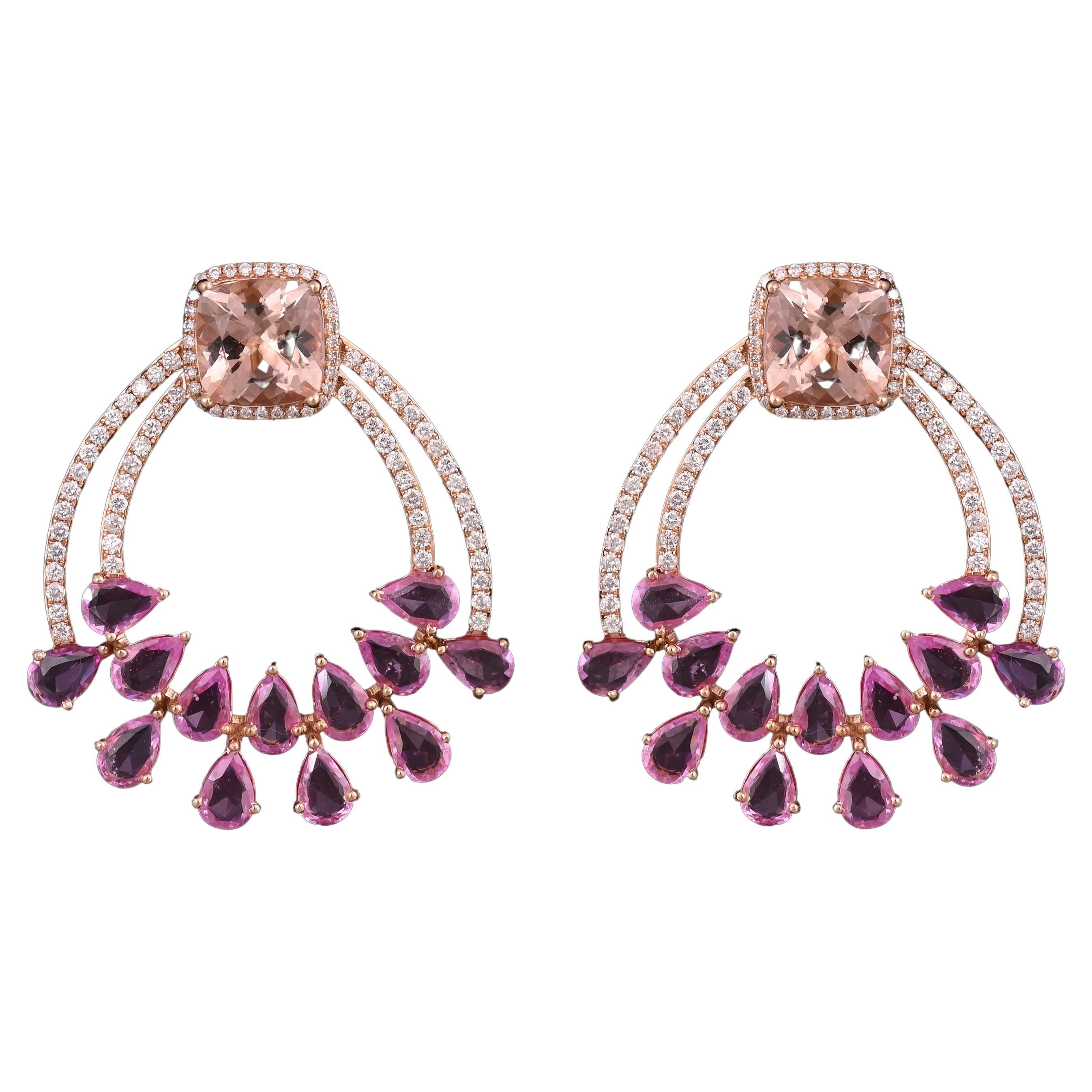 5.59 Carats Morganite, 7.69 Carats Pink Sapphires & Diamonds Chandelier Earrings For Sale