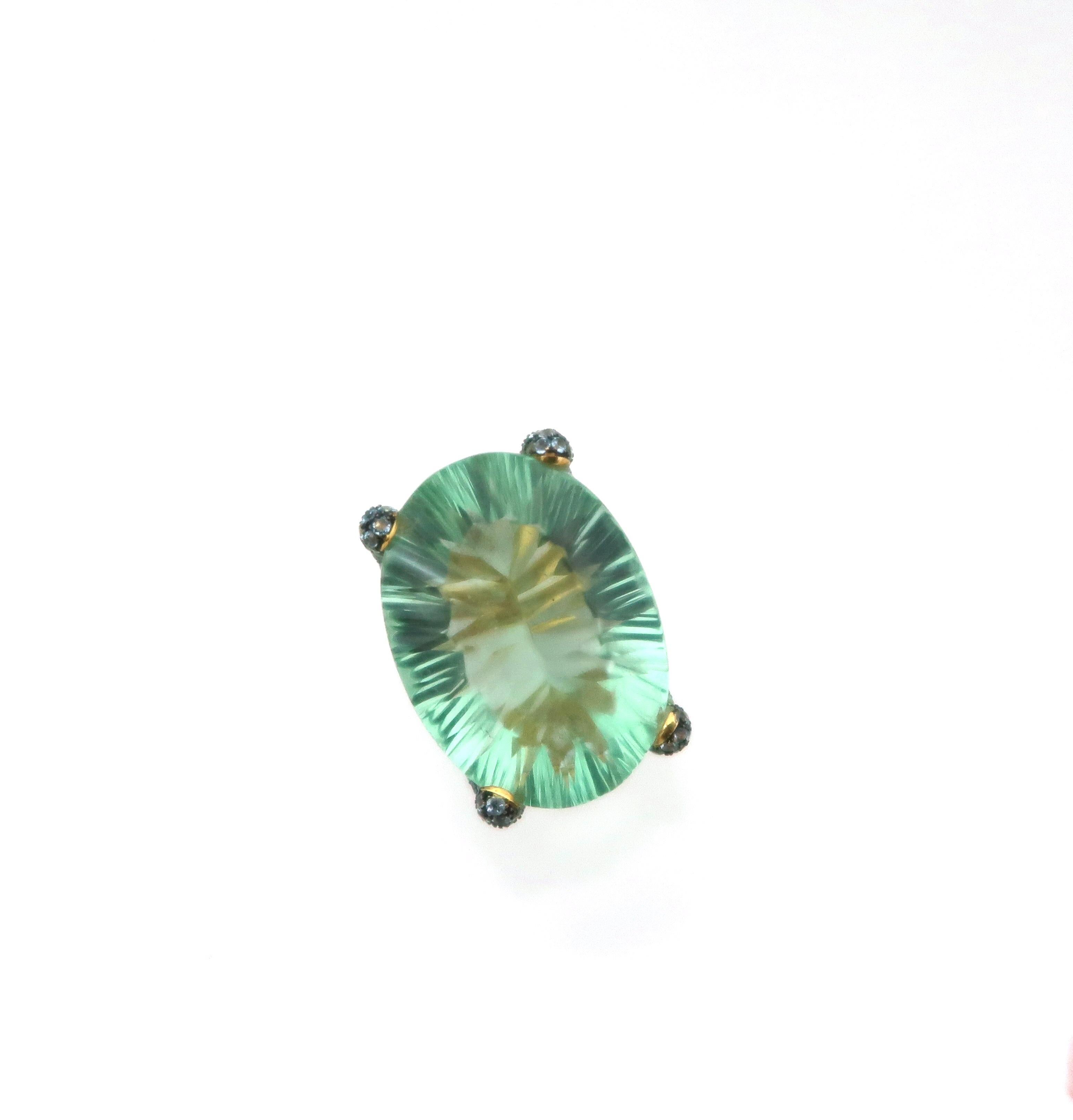 55.94 Carat Fluorite Aquamarine Tsavorite Pavé 18K Gold Claw Ring In New Condition For Sale In Bangkok, TH