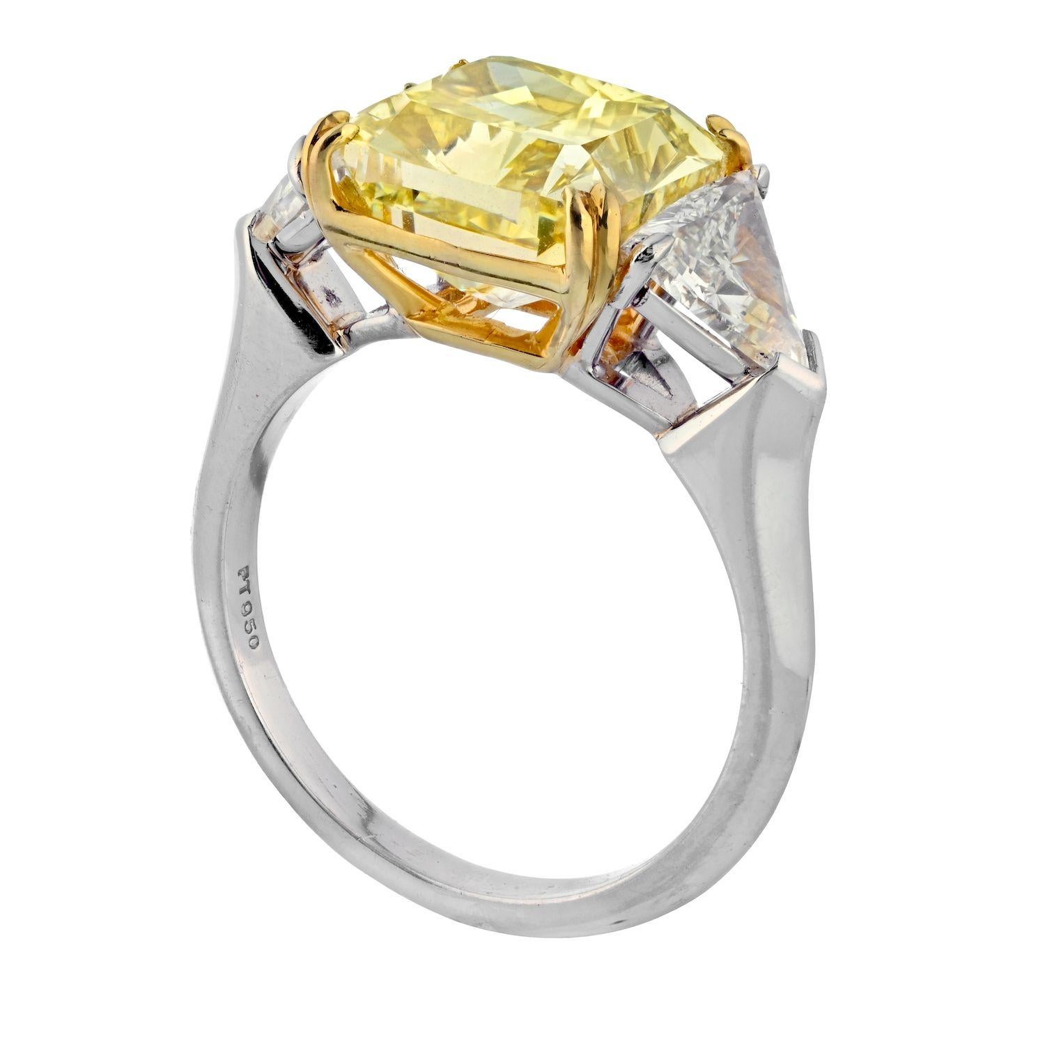 Modern 5.59Ct RadiantCut Platinum Fancy Vivid Yellow Threestone Diamond Engagement Ring