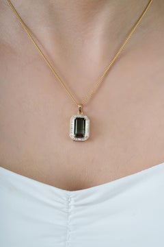 5.5ct Emerald Cut Green Tourmaline & Baguette Diamond Pendant in 14K Yellow Gold