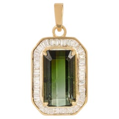 5.5ct Emerald Cut Green Tourmaline & Baguette Diamond Pendant in 14K Yellow Gold