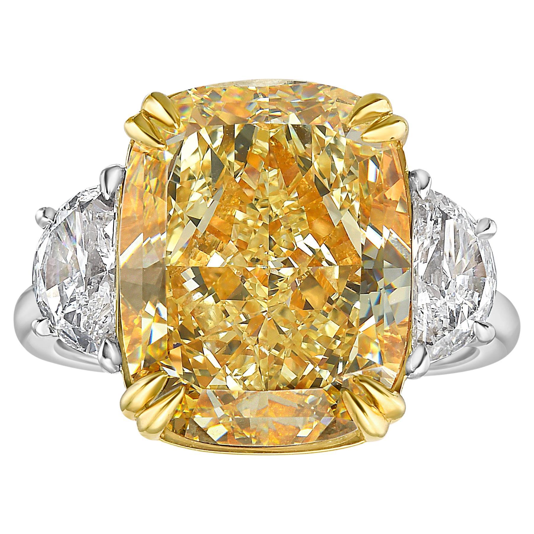 5.5ct IF Fancy Yellow Elongated Cushion Diamond Three Stone Ring For Sale