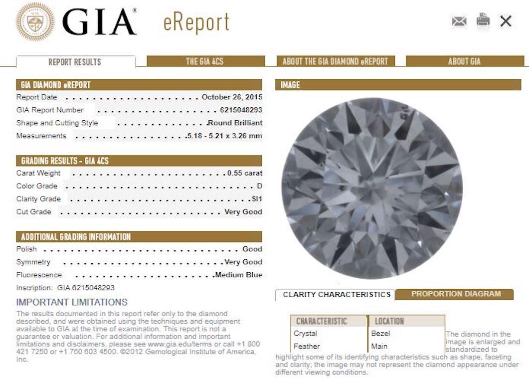 Shape/Cut: Round Brilliant
Clarity: SI1 
Color: D 
Dimensions (mm): 5.18 - 5.21 x 3.26 
Weight: 0.55ct 

GIA Report Number: 6215048293

Condition: New with Tags  

Please check out the enlarged pictures.

Thank you for taking the time to read our