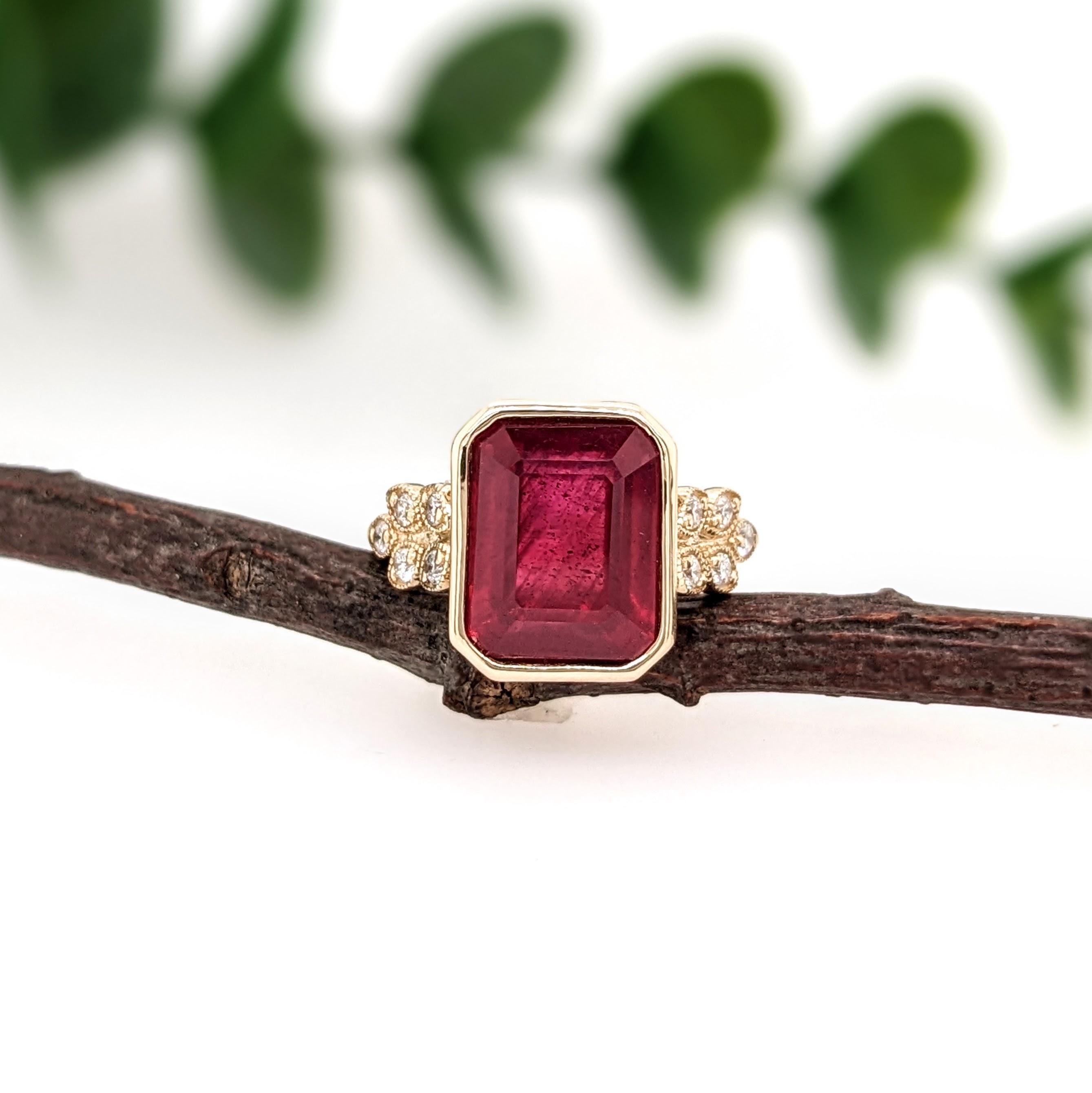 Emerald Cut 5.5ct Red Ruby Ring w Earth Mined Diamonds in Solid 14K Yellow Gold  EM 10x8mm For Sale