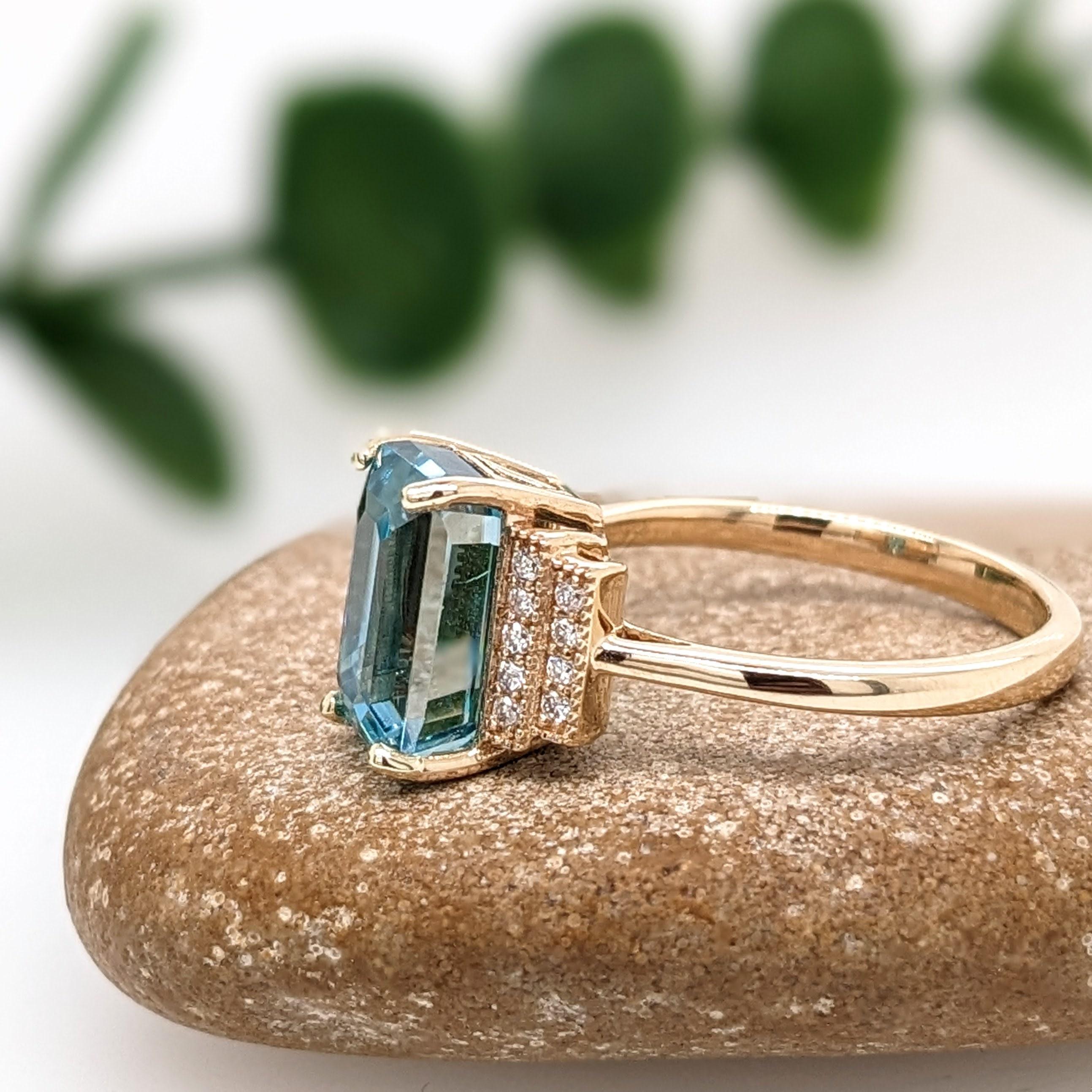 Modern 5.5ct Vibrant Blue Zircon Ring w Earth Mined Diamonds in Solid 14K Gold EM 10x6 For Sale