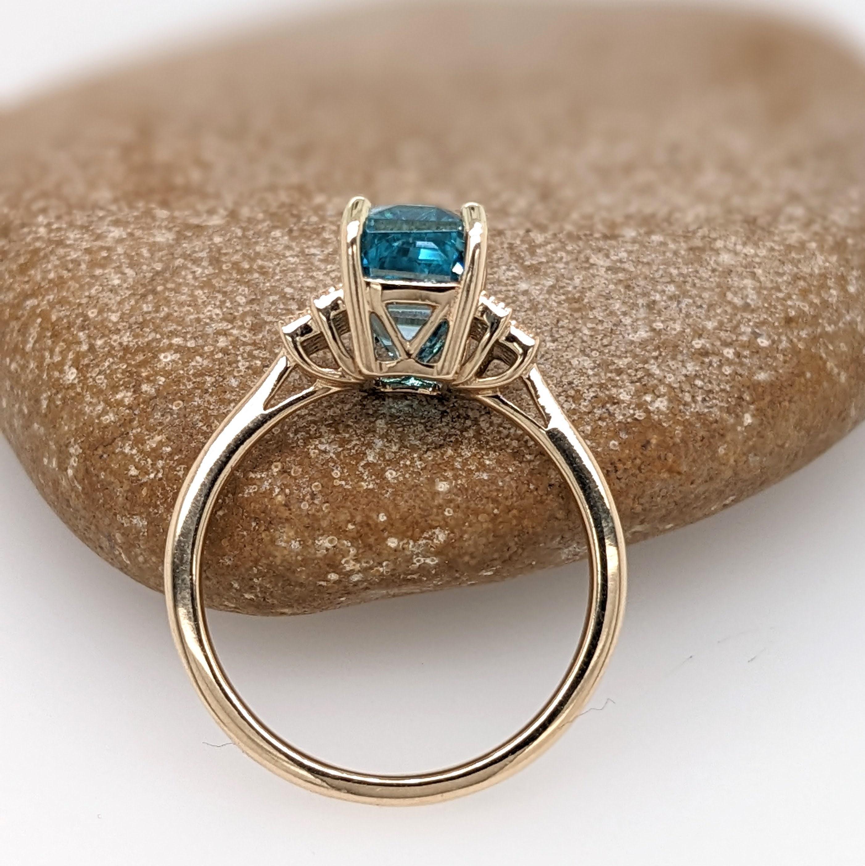 Emerald Cut 5.5ct Vibrant Blue Zircon Ring w Earth Mined Diamonds in Solid 14K Gold EM 10x6 For Sale