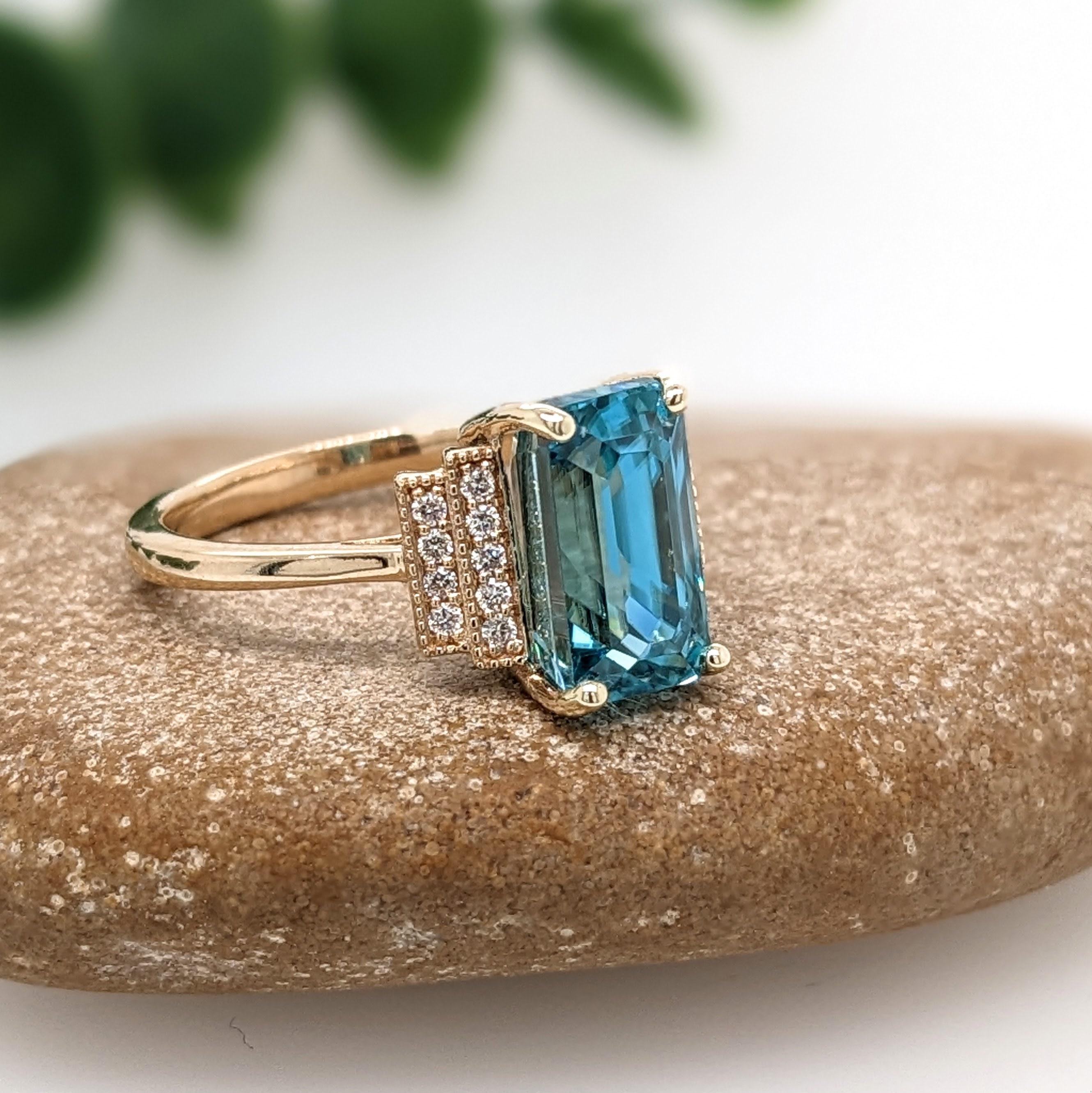 5.5ct Vibrant Blue Zircon Ring w Earth Mined Diamonds in Solid 14K Gold EM 10x6 In New Condition For Sale In Columbus, OH
