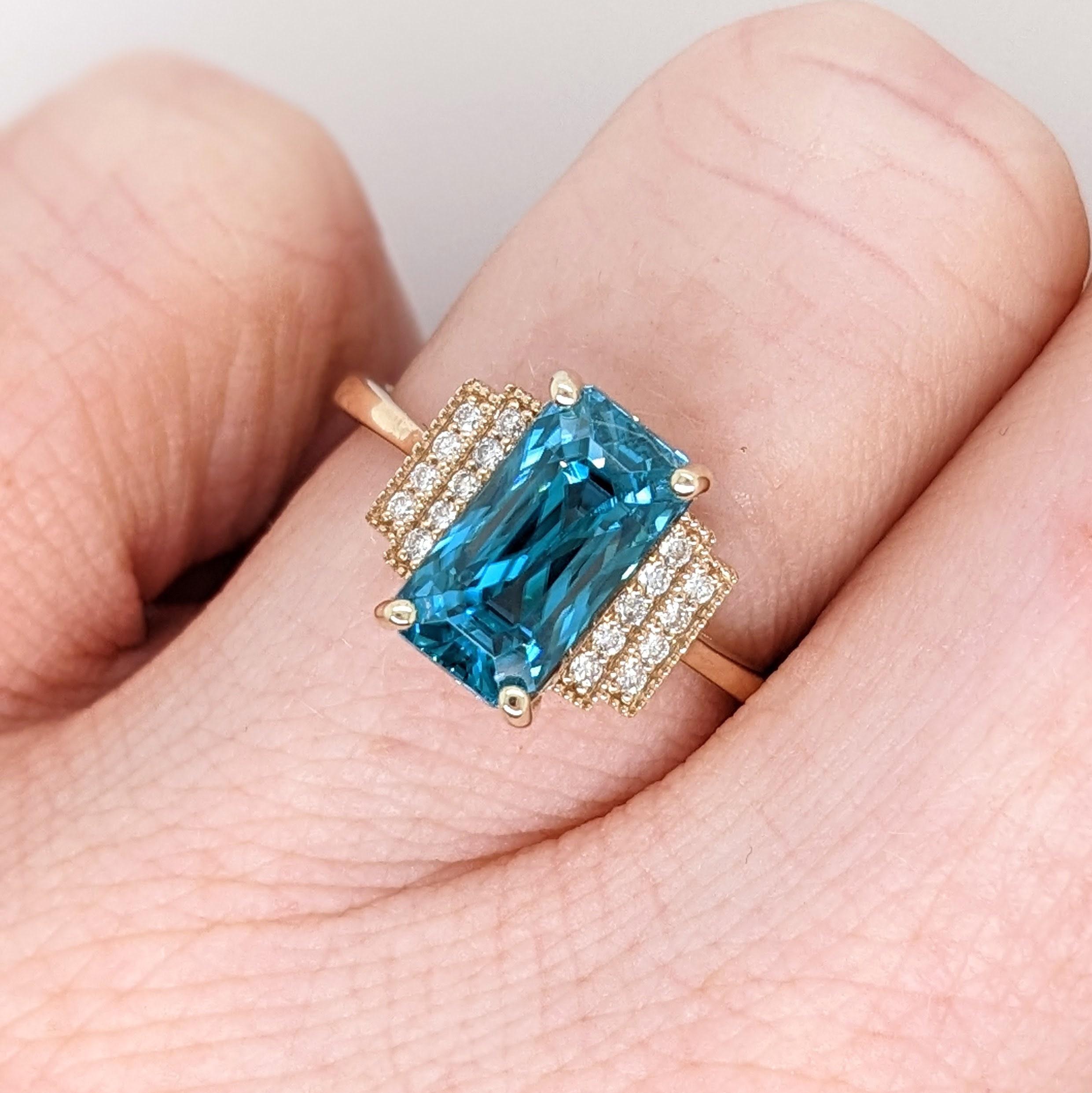 Women's or Men's 5.5ct Vibrant Blue Zircon Ring w Earth Mined Diamonds in Solid 14K Gold EM 10x6 For Sale