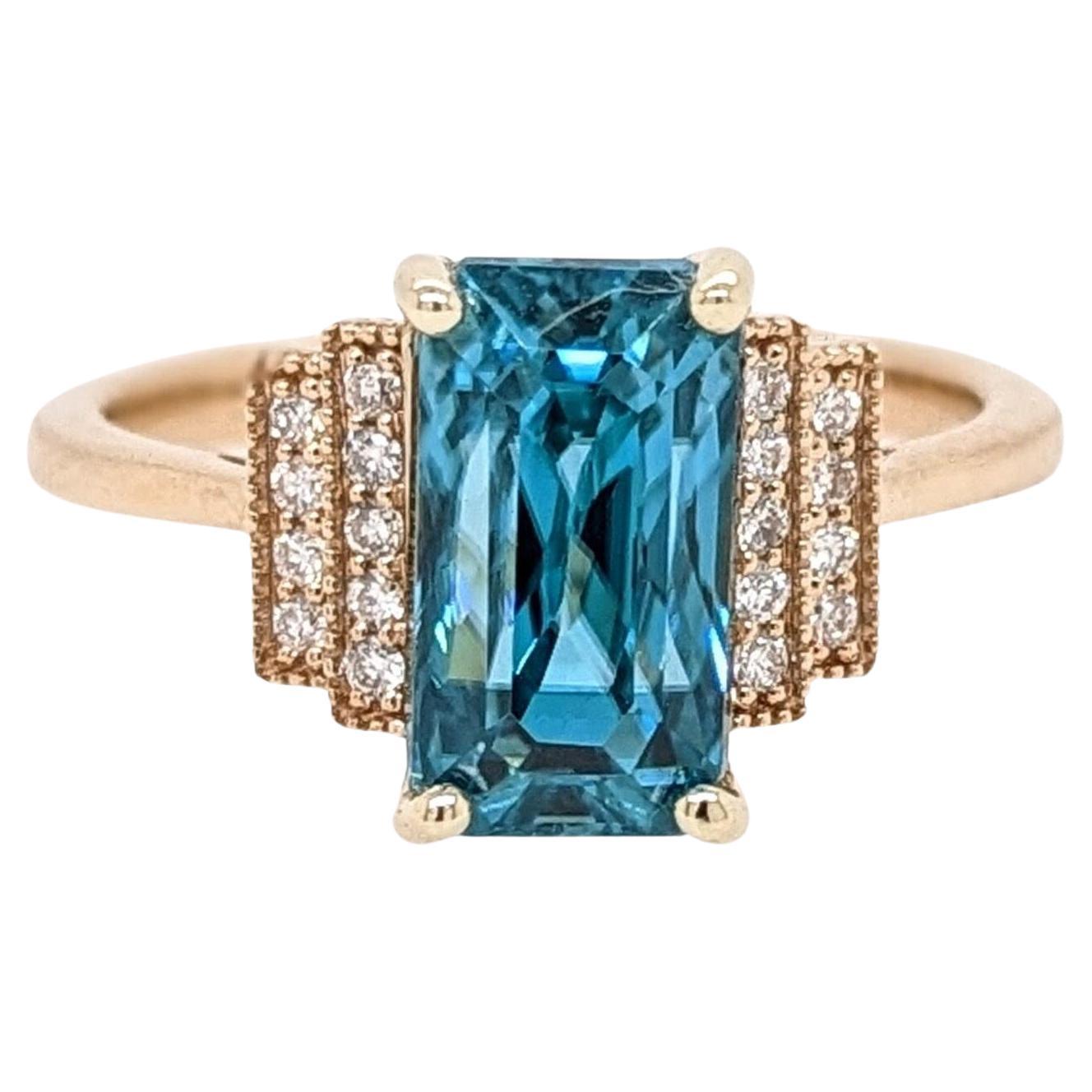 5.5ct Vibrant Blue Zircon Ring w Earth Mined Diamonds in Solid 14K Gold EM 10x6