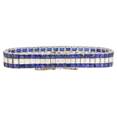 Bracciale in platino Art Deco vintage da 5,50 carati con diamanti e zaffiro blu