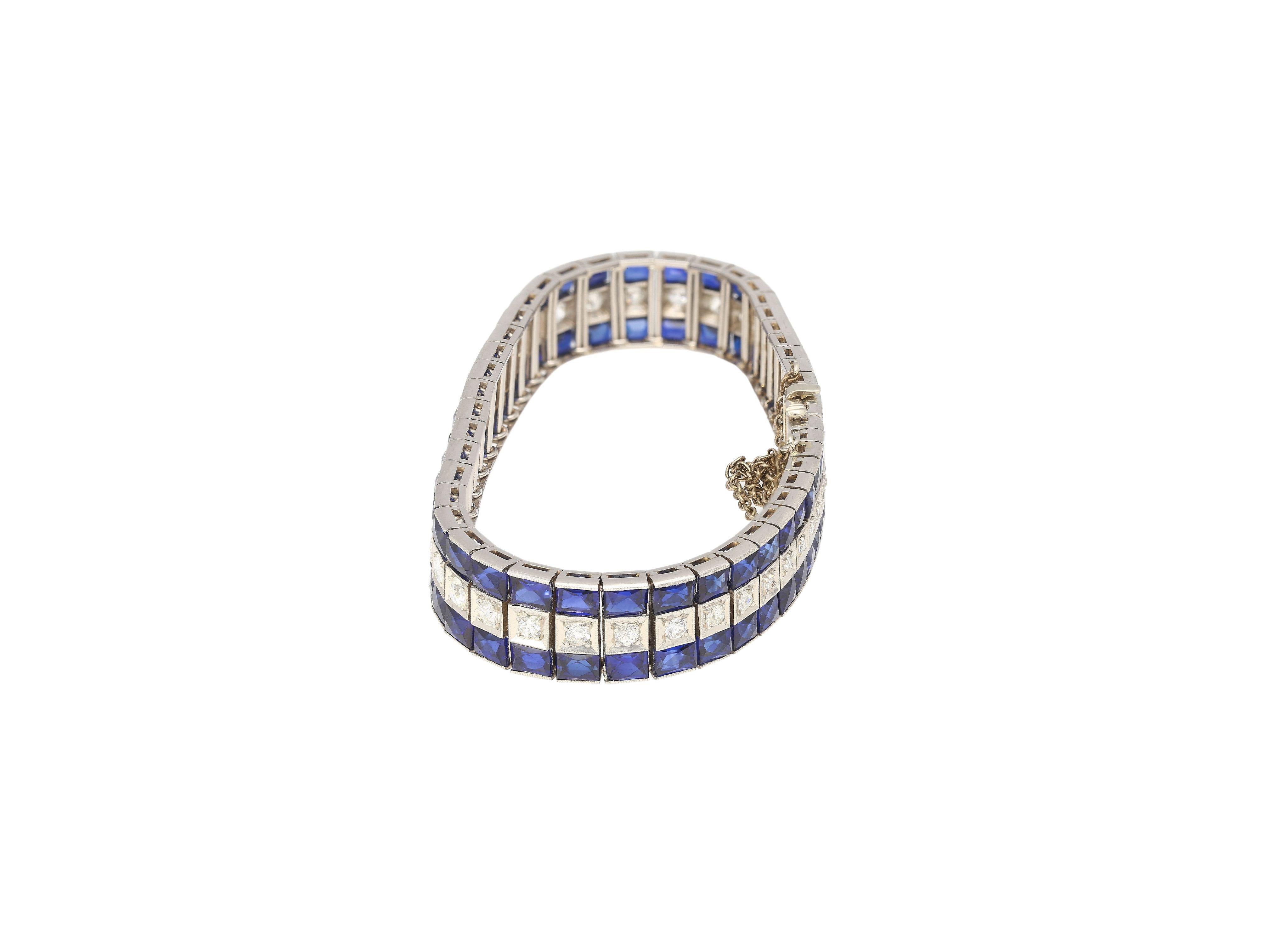 Women's 5.50 Carat Vintage Art Deco Platinum Bracelet with Diamonds & Blue Sapphire For Sale