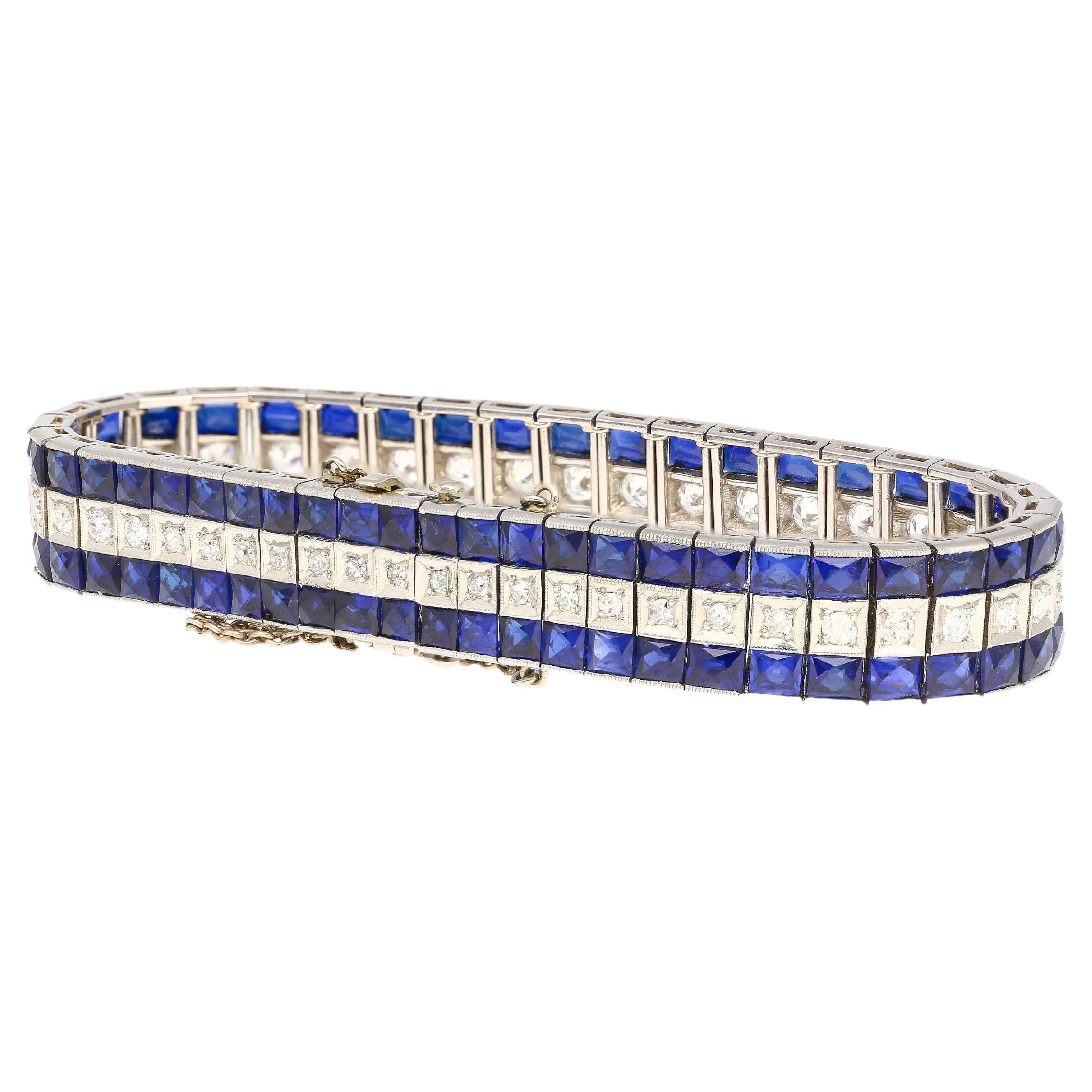 5.50 Carat Vintage Art Deco Platinum Bracelet with Diamonds & Blue Sapphire For Sale