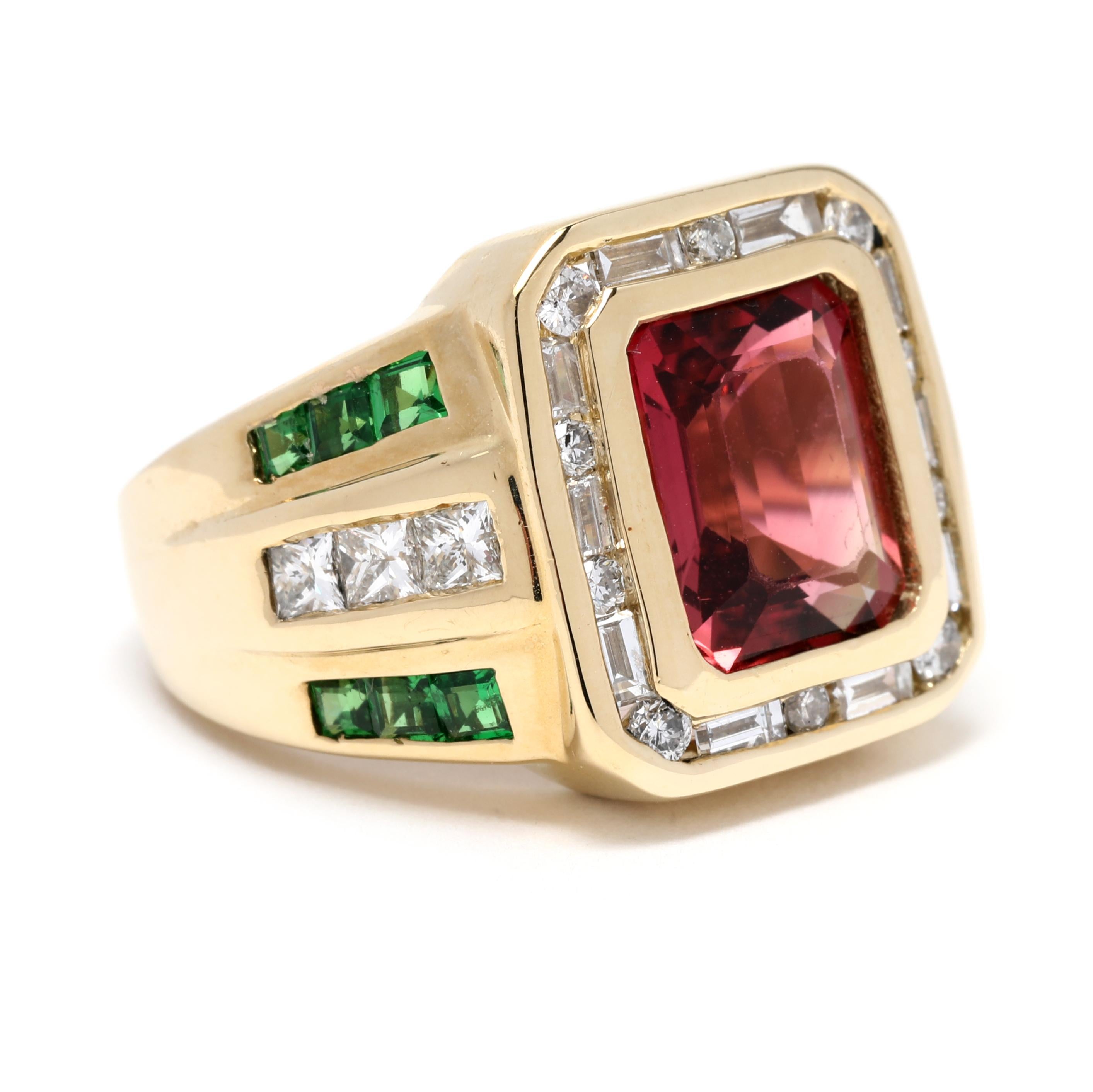 This 14K yellow gold statement ring is a one-of-a-kind piece with its unique combination of pink tourmaline, diamond, tsavorite garnet, and emerald cut. This stunning 5.5ctw ring resembles a diamond halo, with a 0.75ct pink tourmaline center stone