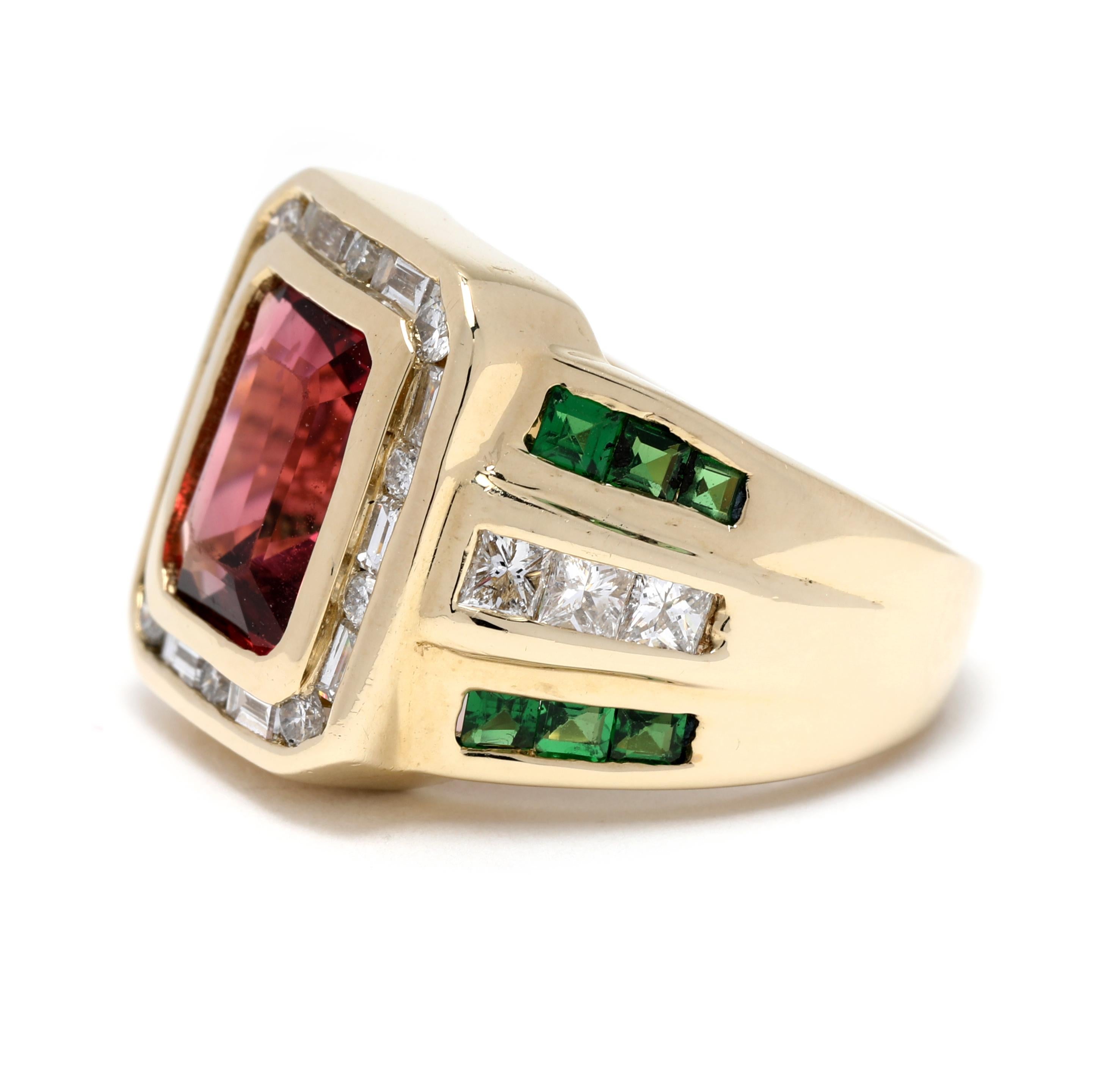 Emerald Cut 5.5ctw Pink Tourmaline Diamond Tsavorite Garnet Ring, 14k YG, Ring