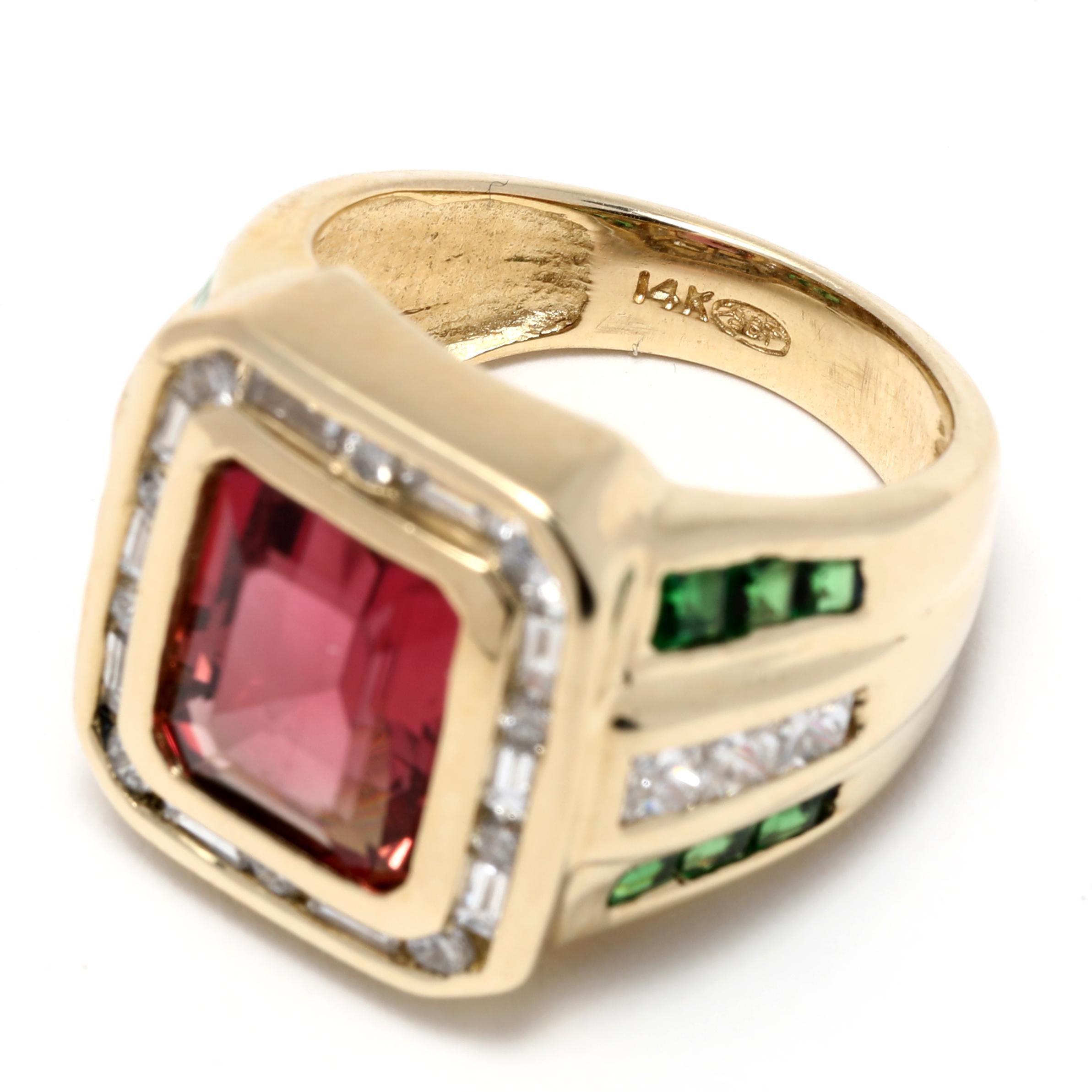 5.5ctw Pink Tourmaline Diamond Tsavorite Garnet Ring, 14k YG, Ring In Good Condition In McLeansville, NC