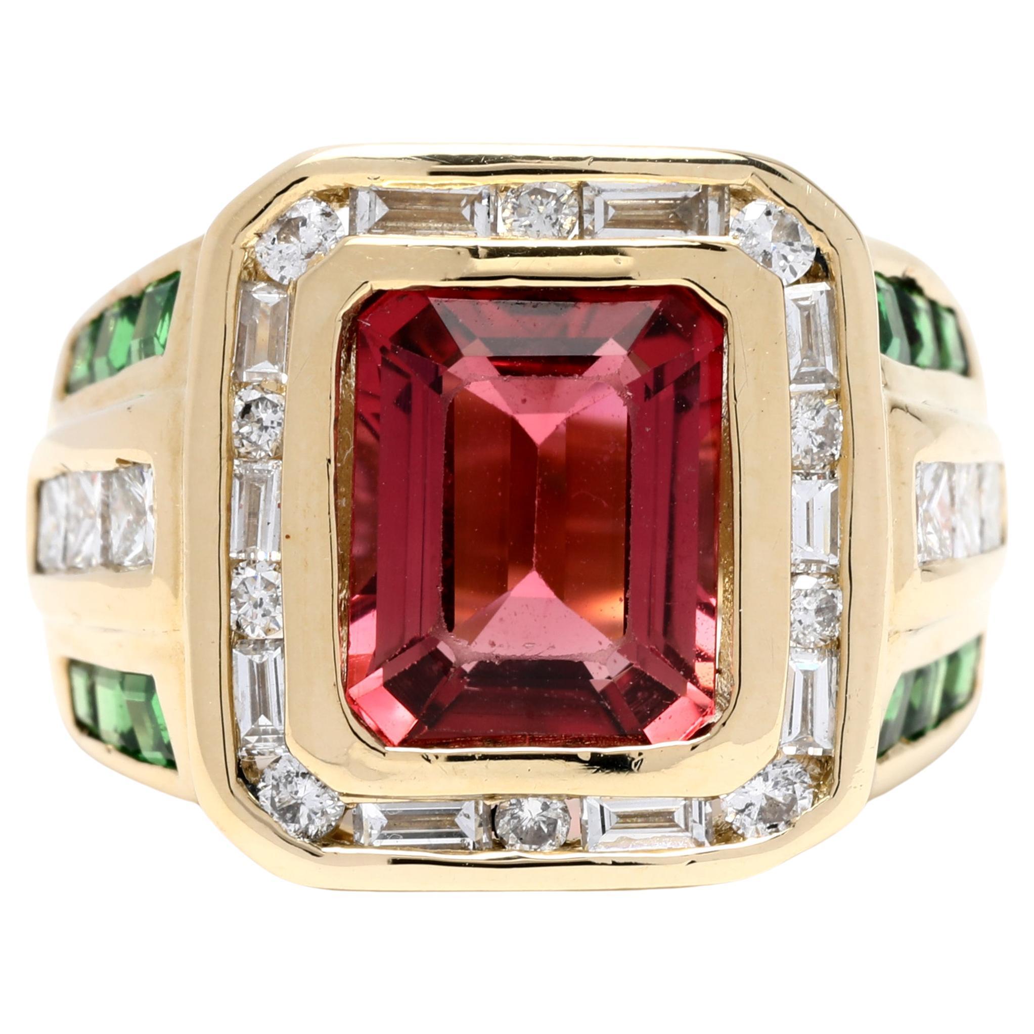 5.5ctw Pink Tourmaline Diamond Tsavorite Garnet Ring, 14k YG, Ring
