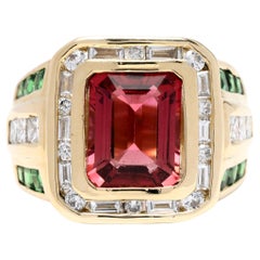 Retro 5.5ctw Pink Tourmaline Diamond Tsavorite Garnet Ring, 14k YG, Ring