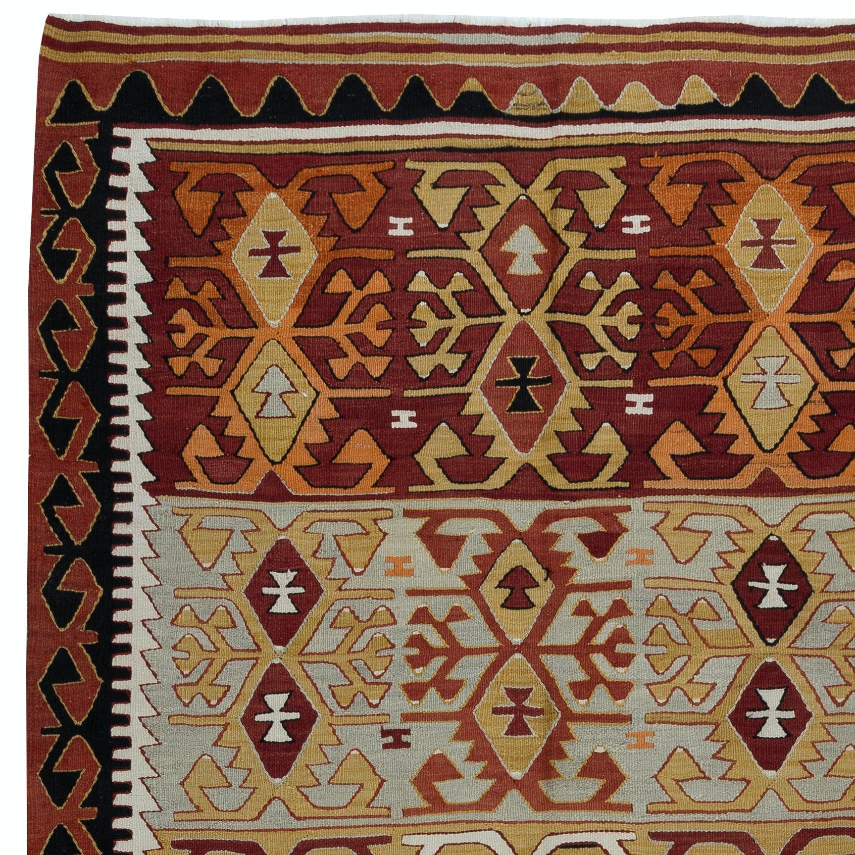 Turkish 5.5x10 Ft Vintage Flat-Weave Kilim, Geometric Hand-Woven Rug, Colorful Carpet For Sale