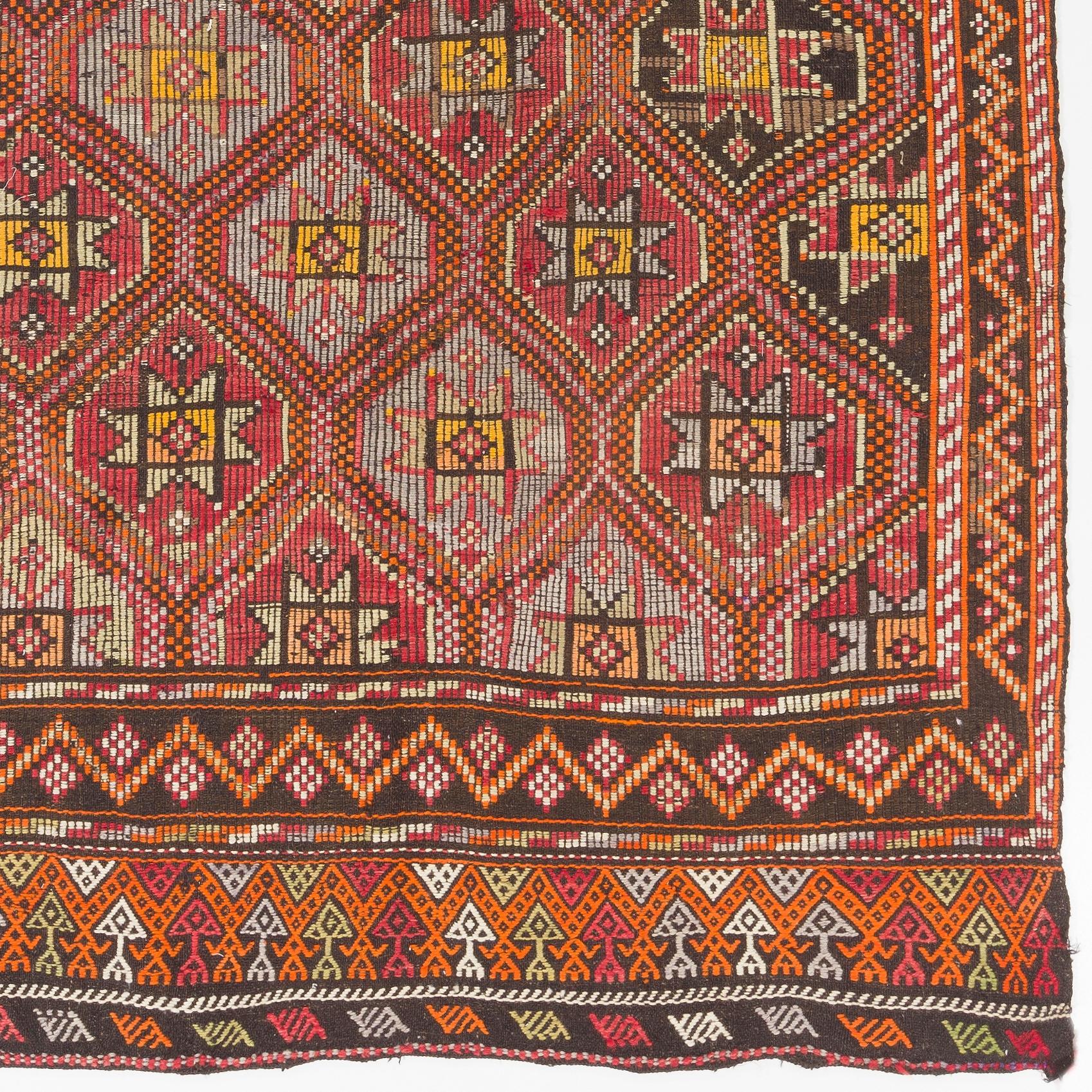 Hand-Woven 5.5x11 Ft Embroidered Handmade Jajim Kilim Rug with Interlocking Stars, Diamonds For Sale