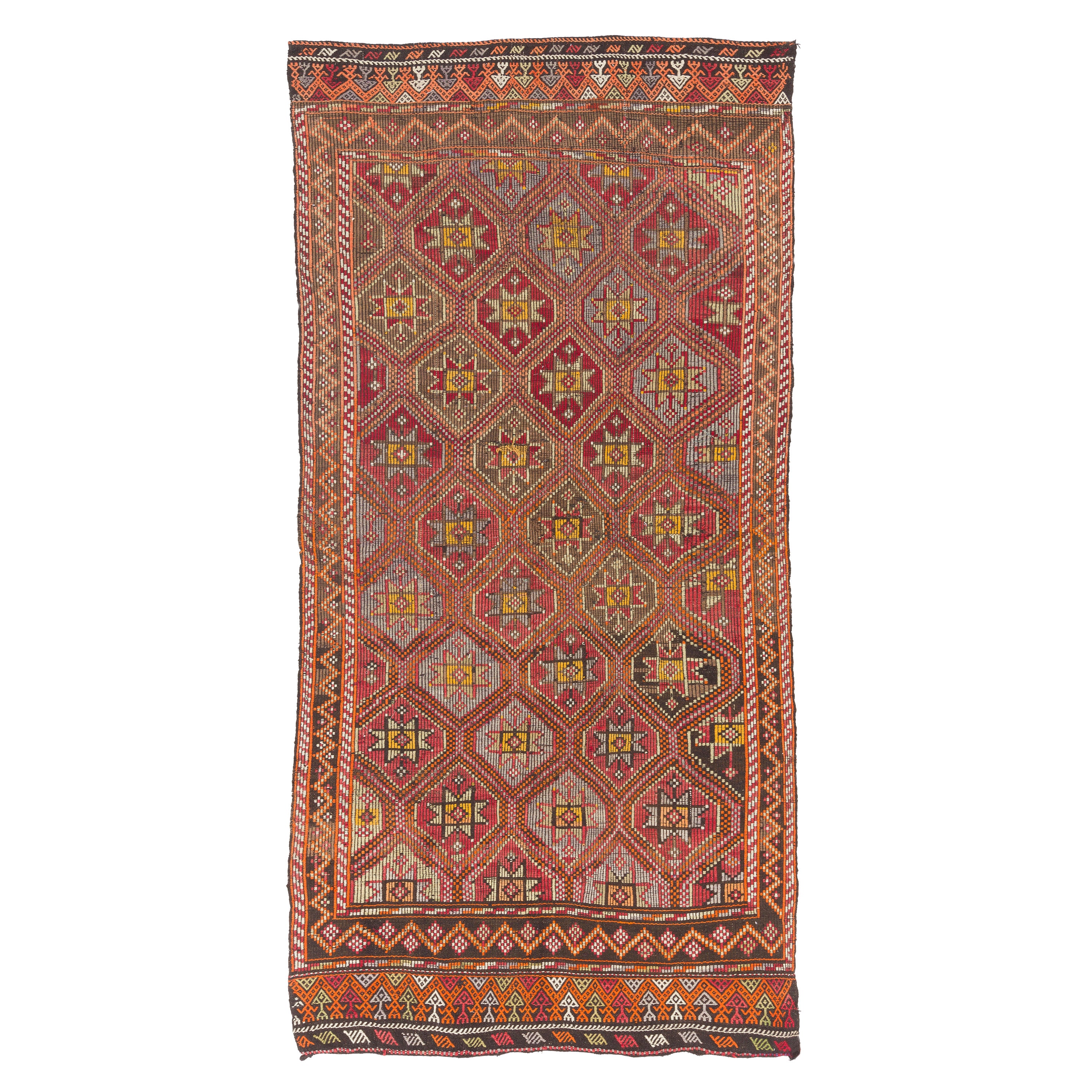 5,5x11 Fuß bestickter handgefertigter Jajim-Kilim-Teppich mit ineinandergreifenden Sternen, Diamanten
