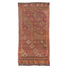 5.5x11 Ft Embroidered Handmade Jajim Kilim Rug with Interlocking Stars, Diamonds