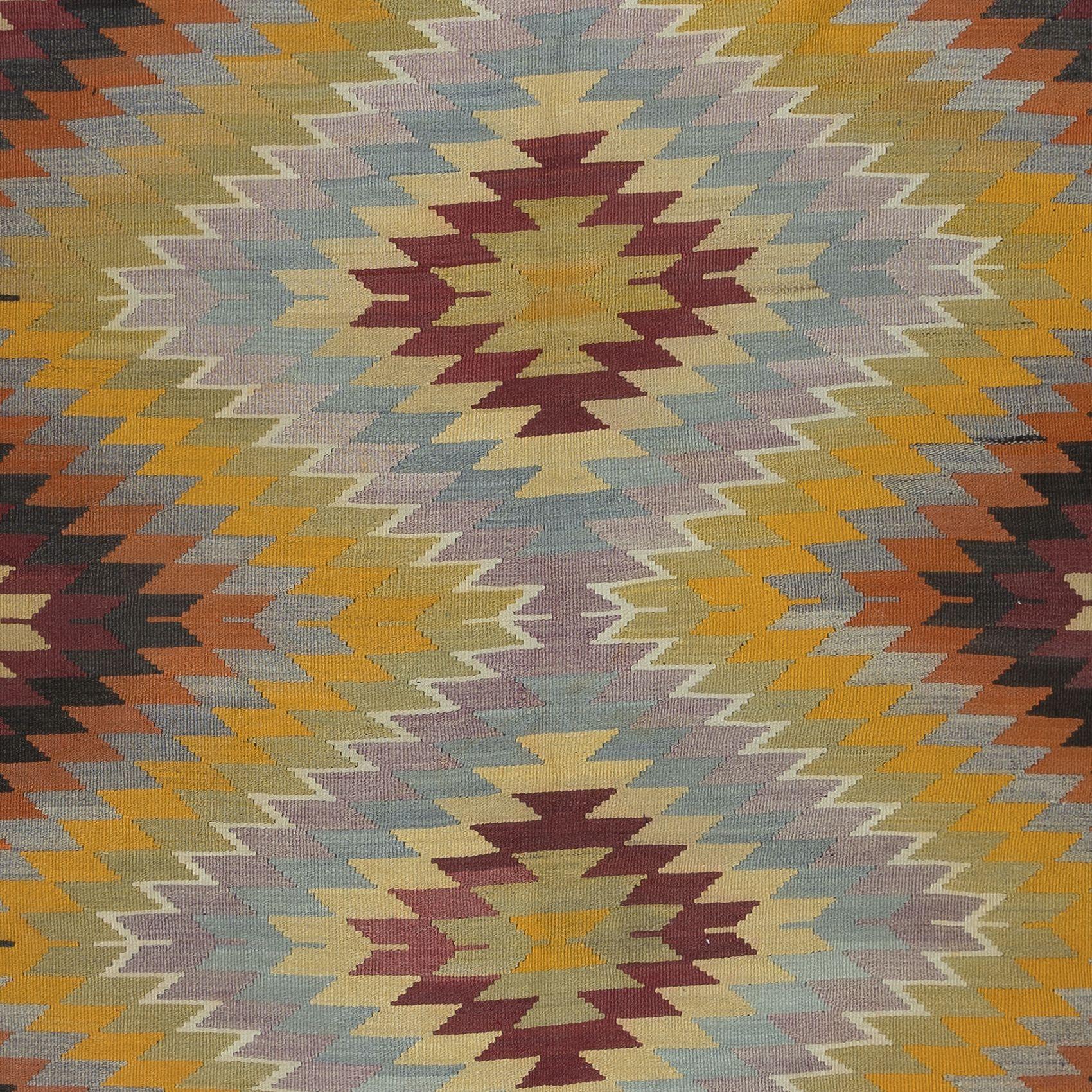 20th Century 5.5x11 Ft Hand-Woven Turkish Geometric Colorful Kilim, Flat-Weave Rug, All Wool For Sale