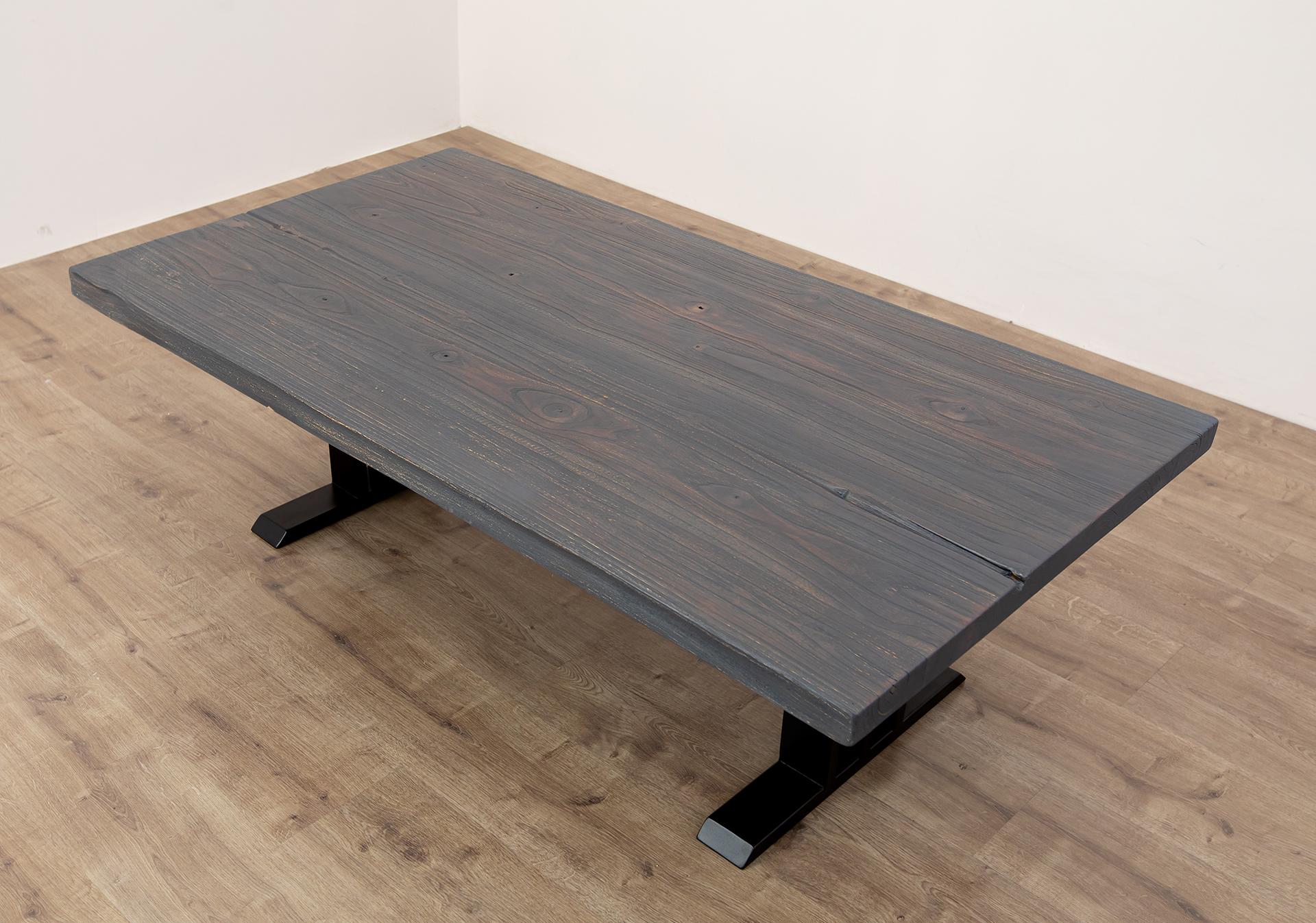 Hand-Crafted Teak Plank Live Edge Top Sandblasted Anthracite For Sale