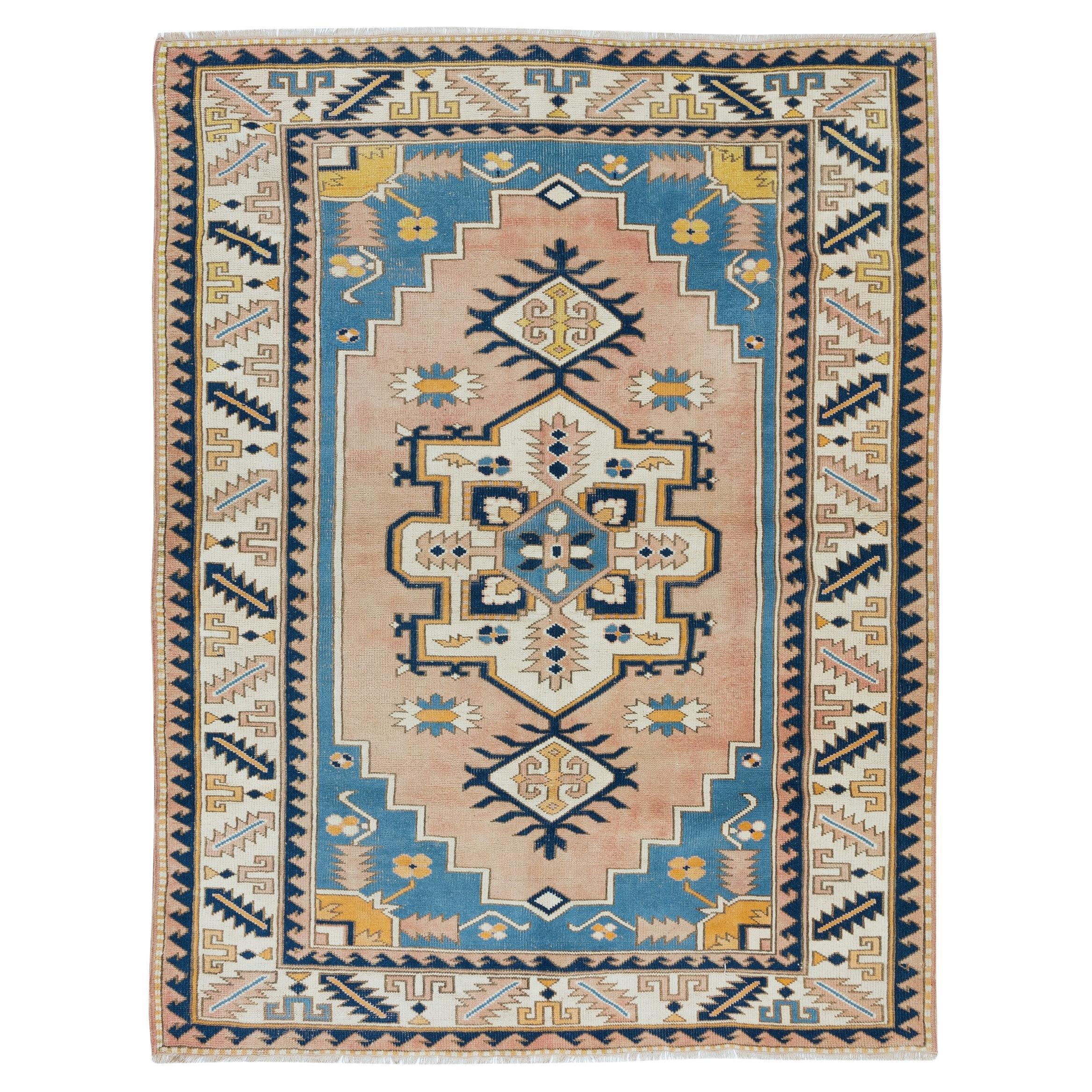 5.5x7.3 Ft Modern Hand Knotted Turkish Geometric Patterned Area Rug, 100% Wool For Sale