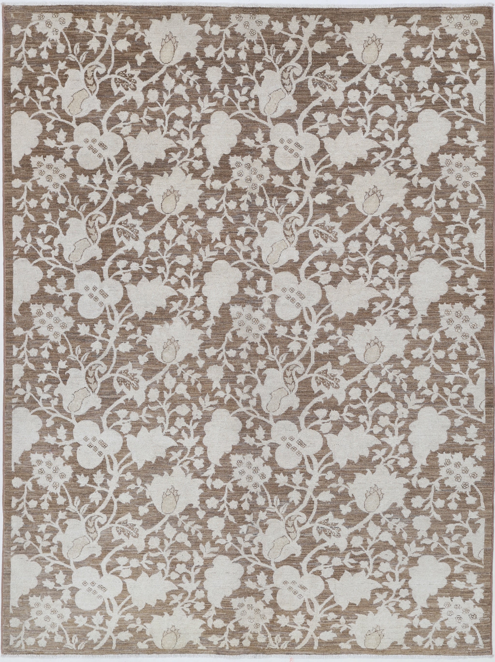 5.5x7.5 ft Hand Knotted Brown, Ivory Area Rug with All-Over Floral Vine Pattern
