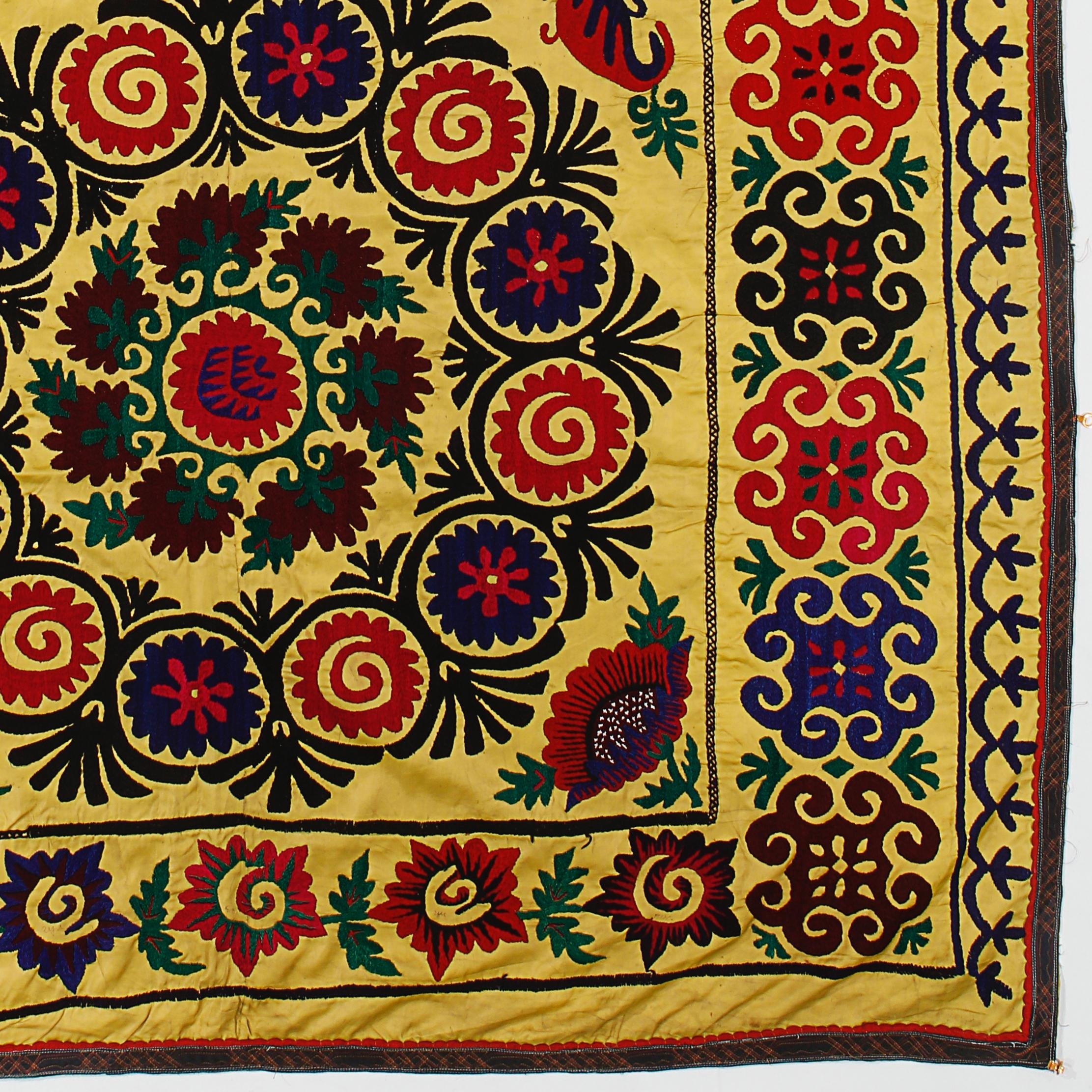 Uzbek 5.5x7.6 Ft Needlework Bedspread in Yellow. Wall Decor Fabric. Embroidered Throw For Sale
