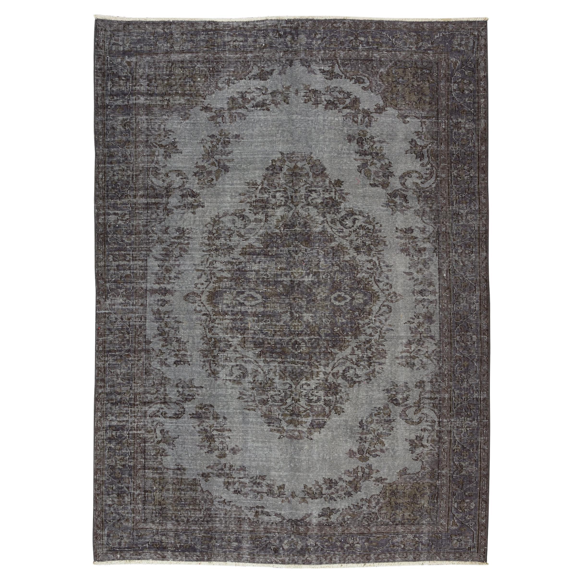 5,5x7.6 Ft Vintage-Teppich im Medaillon-Design in Grau, handgeknüpft in der Türkei