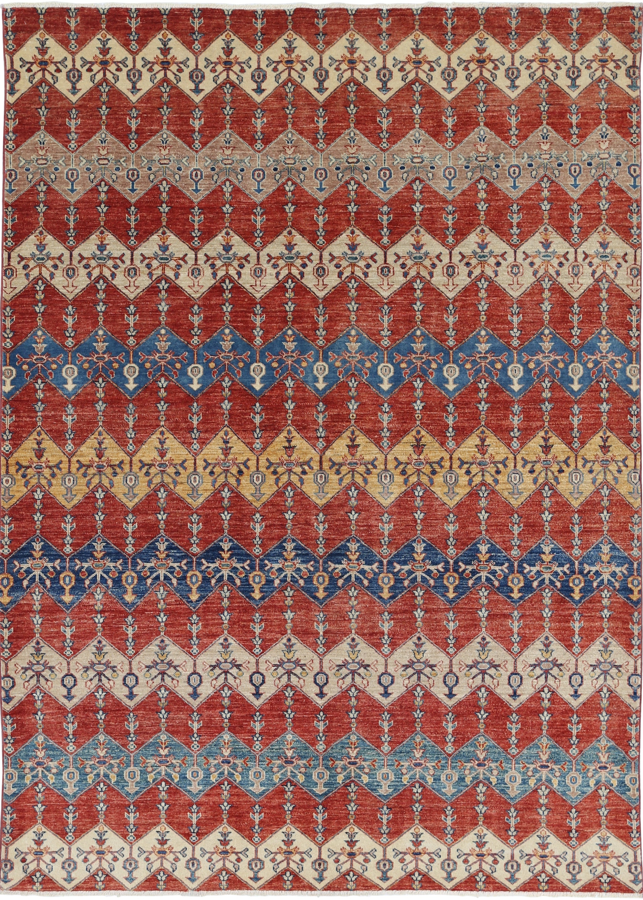 5.5x7.7 ft Hand Knotted Red, Ivory & Navy Blue Rug with Diamond Geometric Design