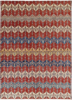 5.5x7.7 ft Hand Knotted Red, Ivory & Navy Blue Rug with Diamond Geometric Design