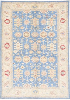 5.5x7.8 ft Hand Knotted Floral Oushak Area Rug in Blue and Beige. 100% Wool