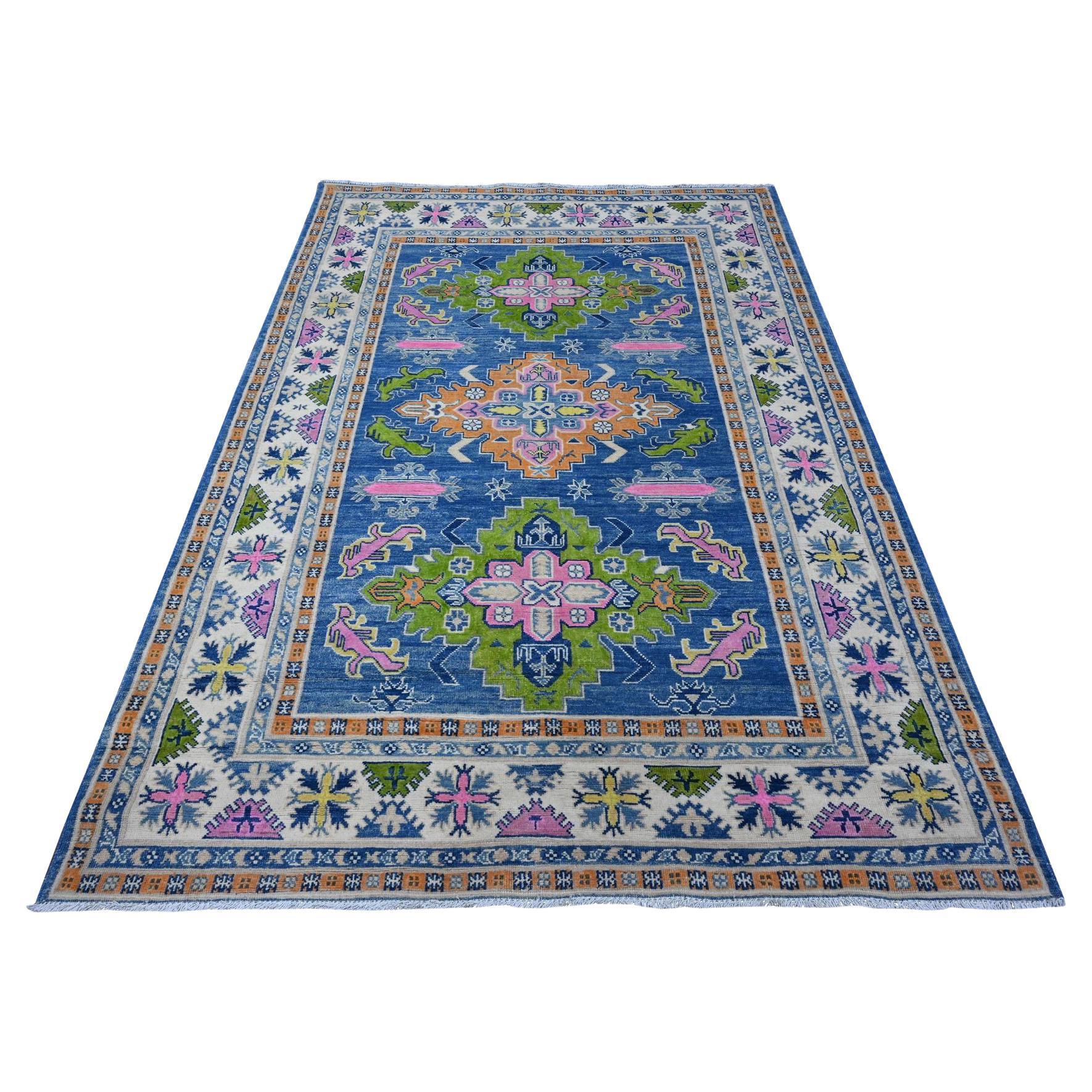 5'5"x7'9" Chelsea Blue Fusion Kazak Soft Shiny Wool Hand Knotted Oriental Rug