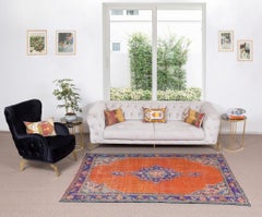 HandKnotted Turkish Vintage Rug in Burnt Orange, Purple, Blue & Green