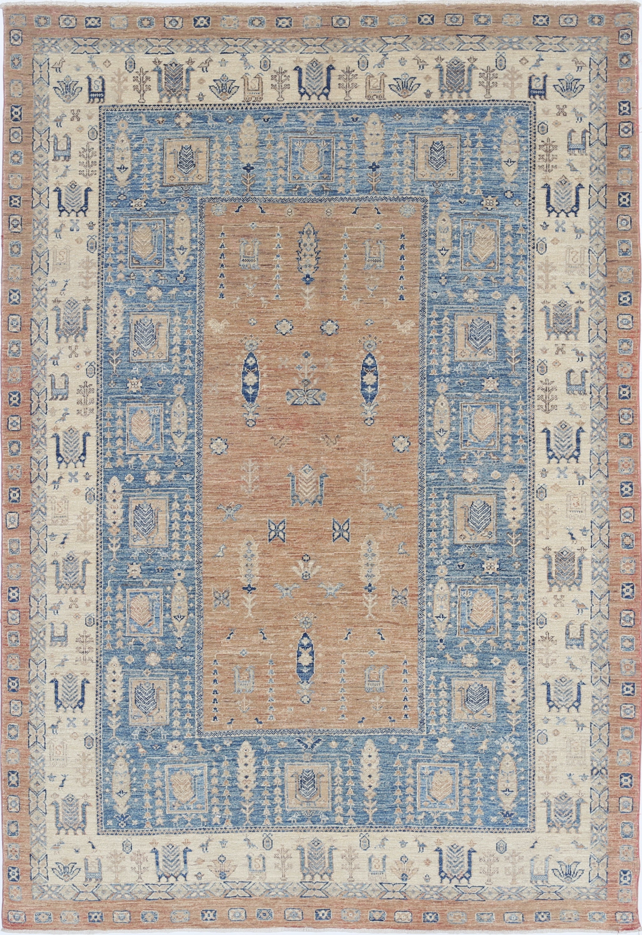 5.5x8 ft Handknotted Light Blue, Beige Wool Area Rug. Turkish Tribal Carpet