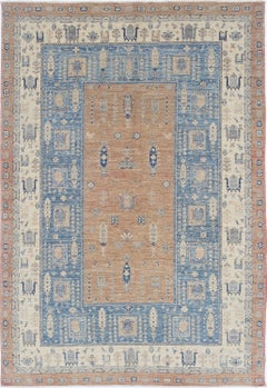 5.5x8 ft Handknotted Light Blue, Beige Wool Area Rug. Turkish Tribal Carpet