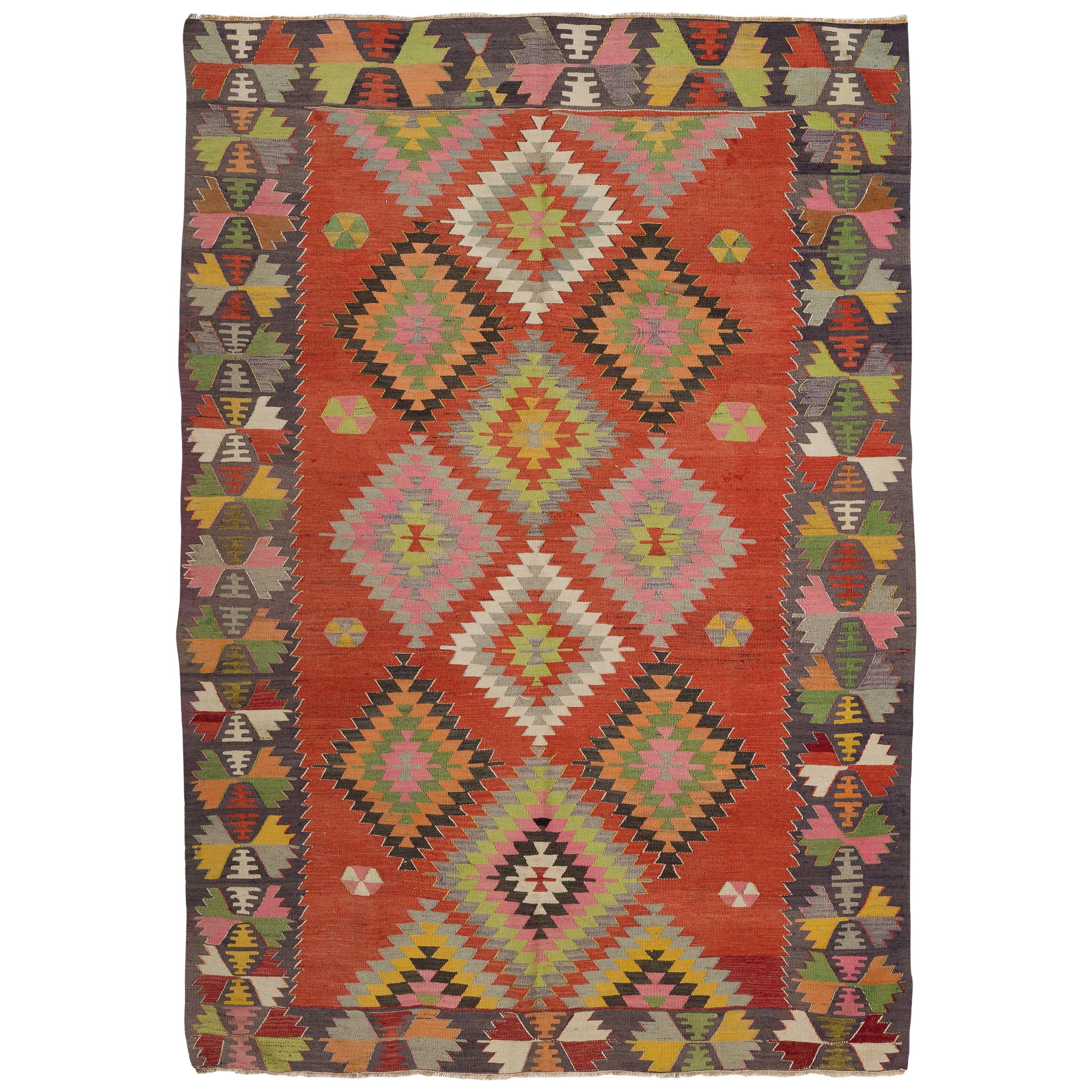 5.5x8 Ft Handwoven Vintage Anatolian Kilim, Geometric Wool Rug for Home Decor