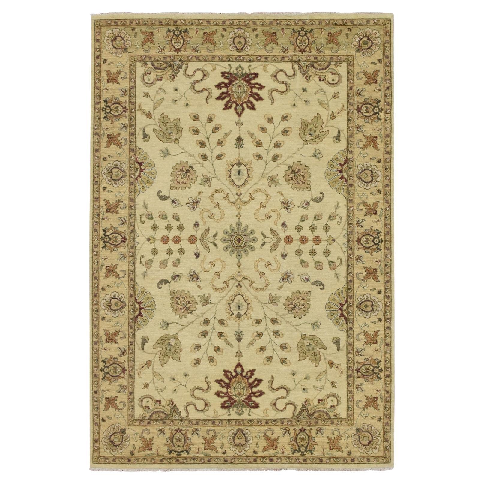 5'5 "x8'1" Ivory Agra with Ziegler Design/One Leaf Pattern Tapis en pure laine noué à la main