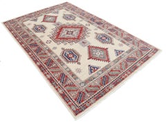 5.5x8.3 ft Hand Knotted Red, Ivory, Navy Blue Rug. Turkish Geometric Style Rug