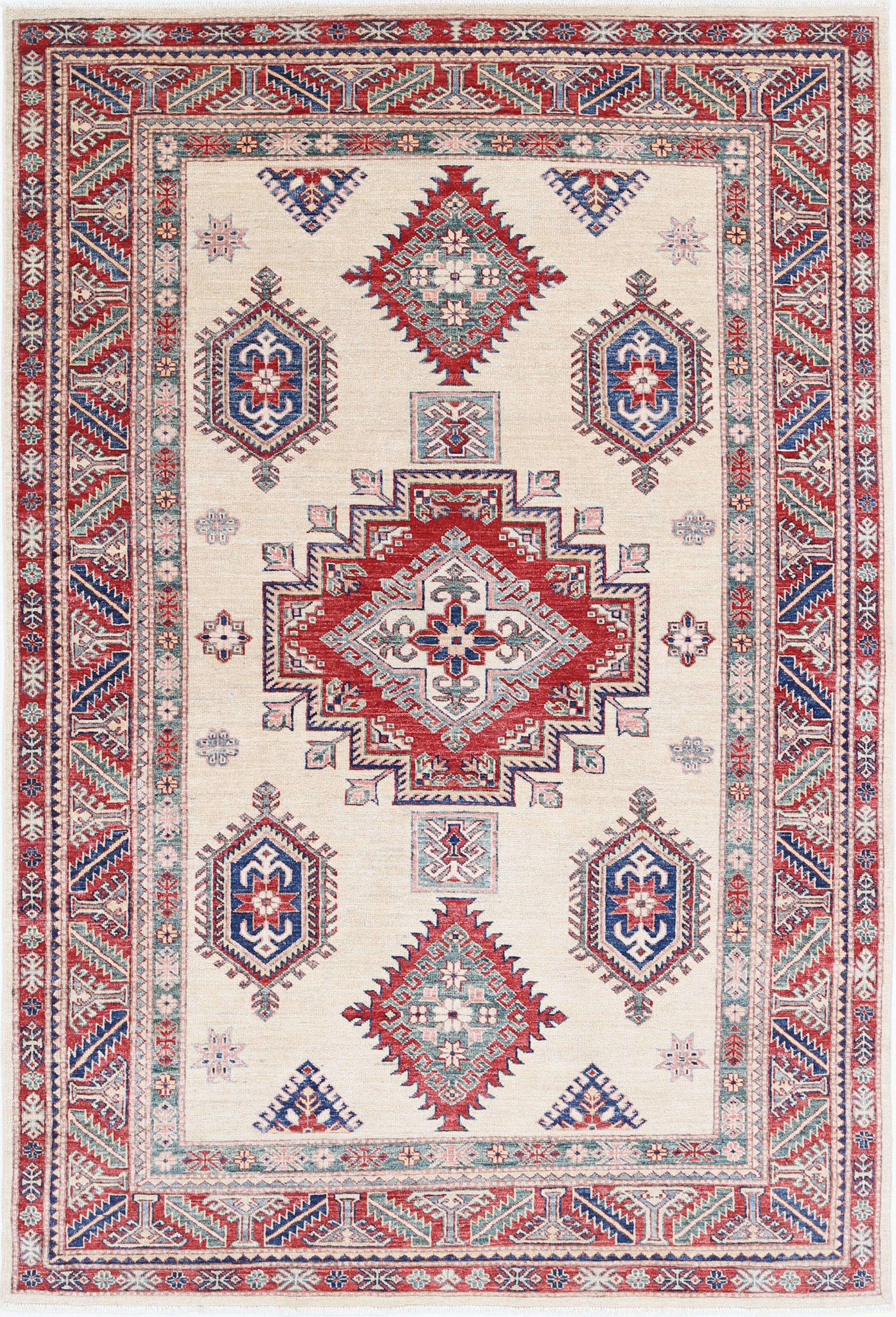 5.5x8.3 ft Hand Knotted Red, Ivory, Navy Blue Rug. Turkish Geometric Style Rug