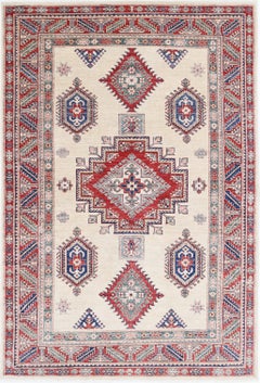 5.5x8.3 ft Hand Knotted Red, Ivory, Navy Blue Rug. Turkish Geometric Style Rug