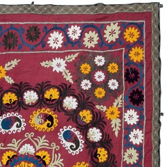 5.3x6.2 Ft Silk Embroidered Bed Cover, Red Wall Hanging, Vintage Tablecloth