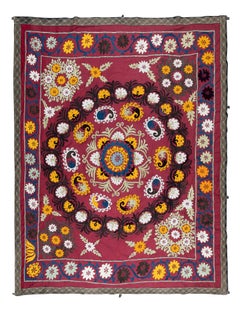 5.3x6.2 Ft Silk Embroidered Bed Cover, Red Wall Hanging, Vintage Tablecloth